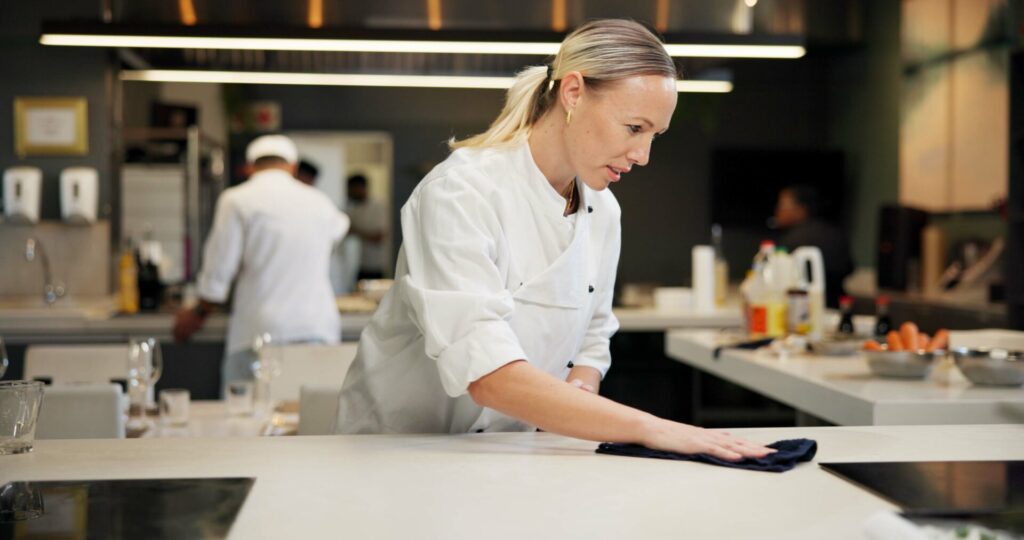 A chef in a white uniform is cleaning a countertop in a kitchen. Another person is working in the background. The kitchen has various cooking supplies and utensils visible on the counters.