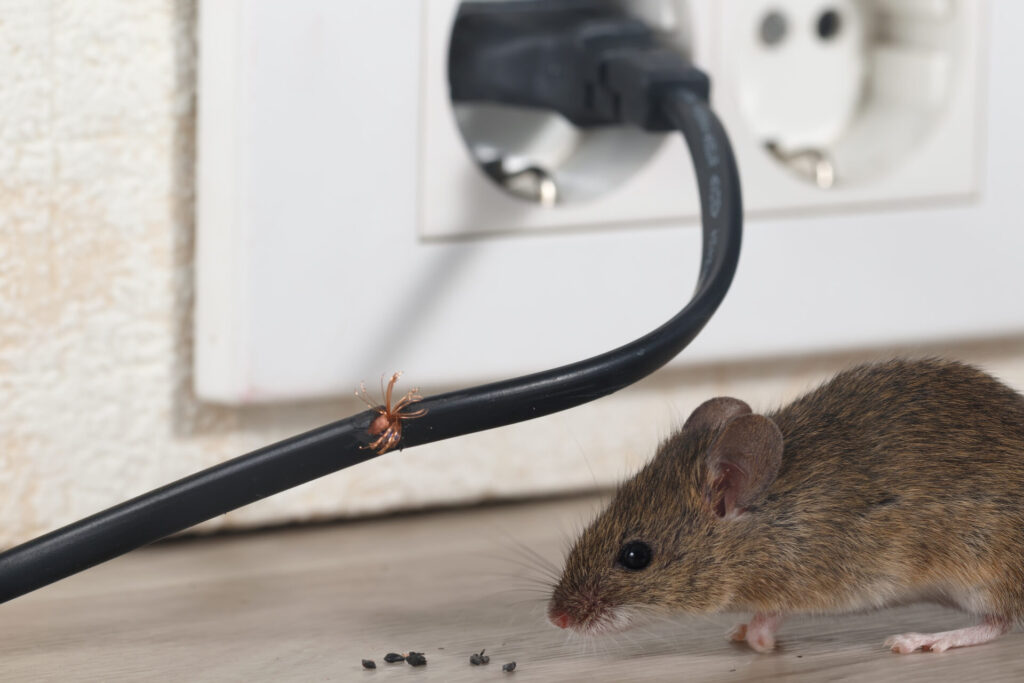 A closeup view of a mouse near a lightly gnawed electrical wire, with an electrical socket in the background and droppings near the mouse