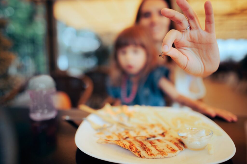 A person holding a small insect between their fingers at a dining table. A child is seated in the background. The plate in the foreground contains grilled chicken and fries with a small dish of sauce. The setting appears to be a restaurant.