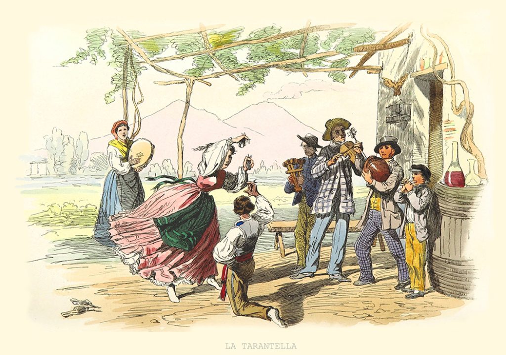 Old illustration of tarantella dancing (Southern Italy folk dance). By Duclere and Cucinotta, publ. on De Bourcard, Usi e Costumi di Napoli e contorni dipinti e descritti, Ed. Nobile, Napoli, 1853-58